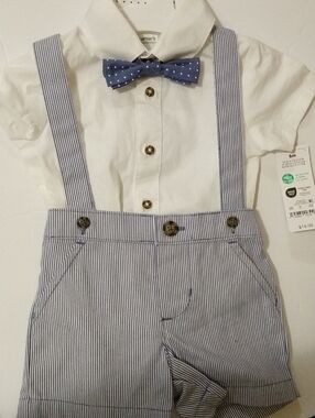 Carter's White Shirt with Blue Pinstripe Suspender Shorts 6 Months